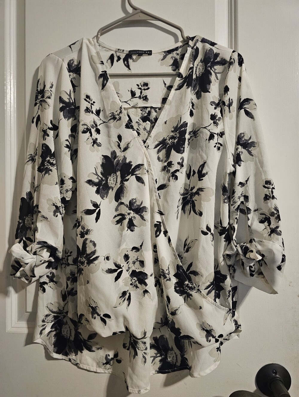 West Kei Black & White Floral Wrap Blouse